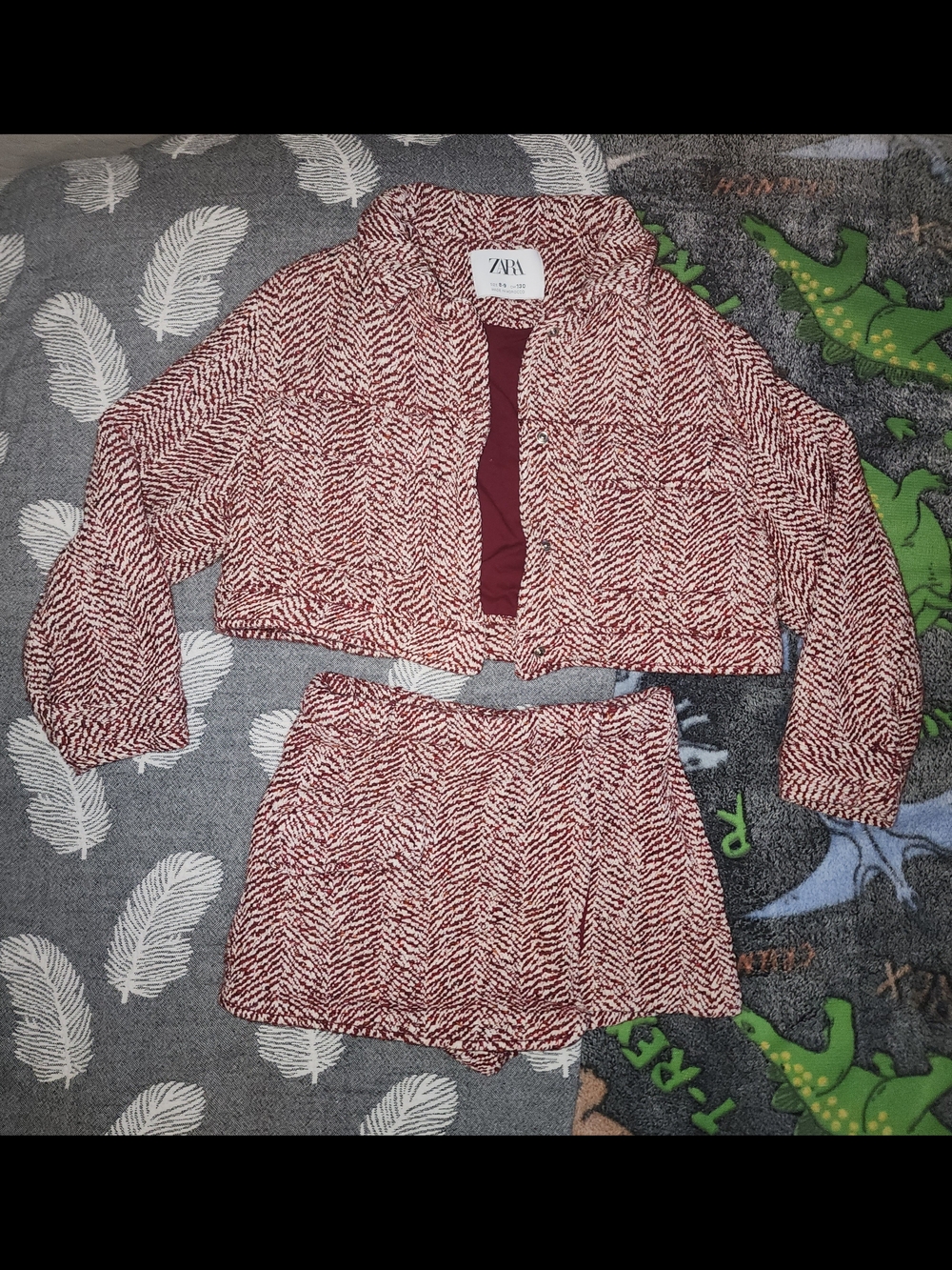 ZARA Rust and Off-White Printed Cropped Jacket & Skort Set